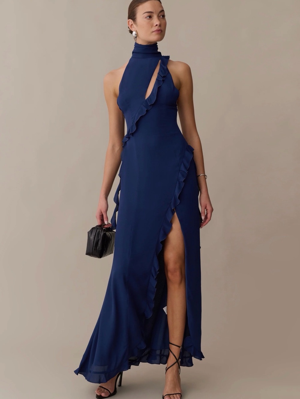 Few Moda Kourt Navy Ruffled‎ Halter Evening Dress. Sz S NWT